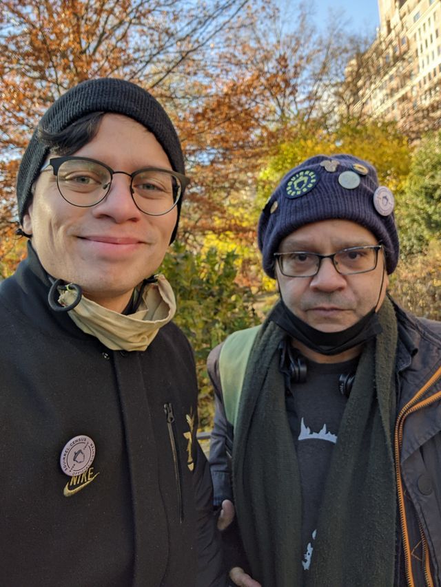 John Murray, chief squirrel correspondent of the Squirrel Census (left) and Stuart Bowler, northern liaison (right) in Central Park counting squirrels.